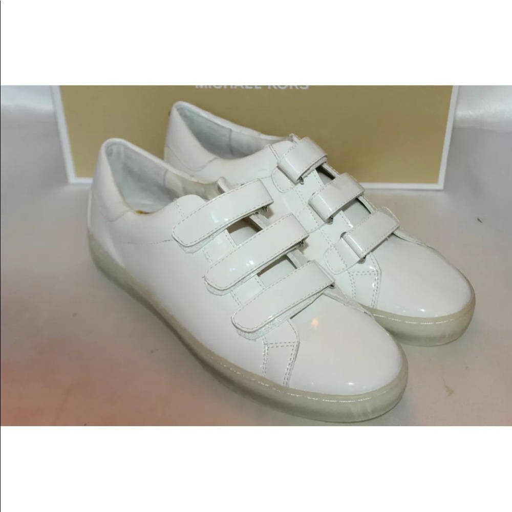 Michael Kors white patent Velcro sneakers